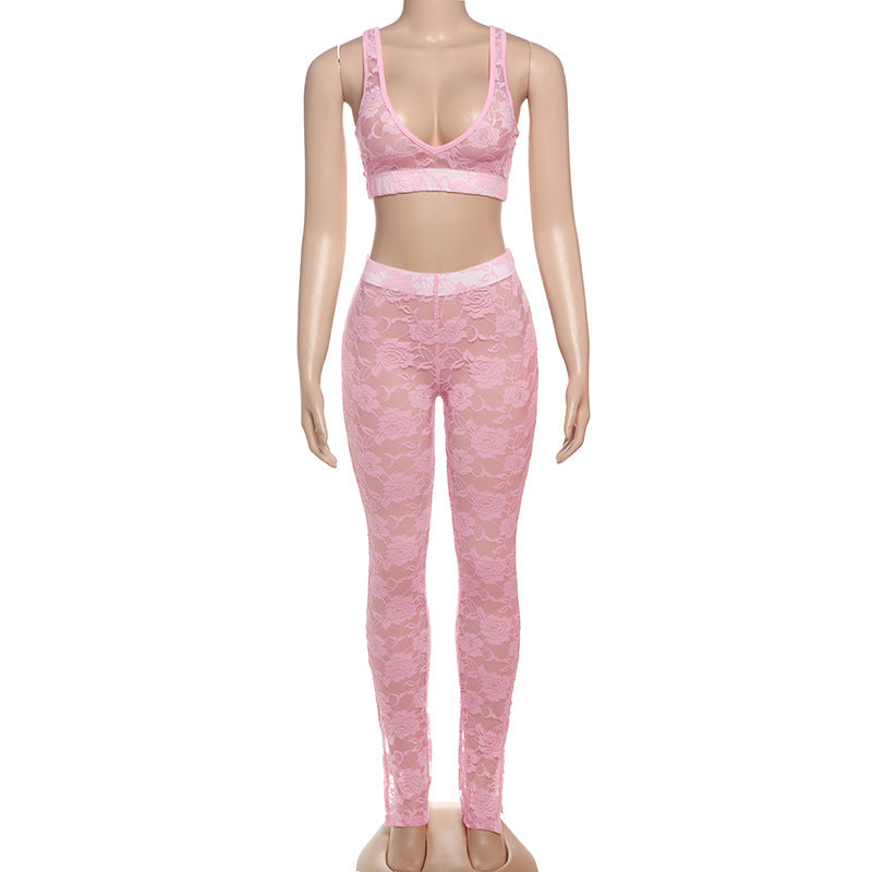 Women Summer Sexy Wrap Patchwork Lace Suspender Crop Top and Pants Two Piece Set 5