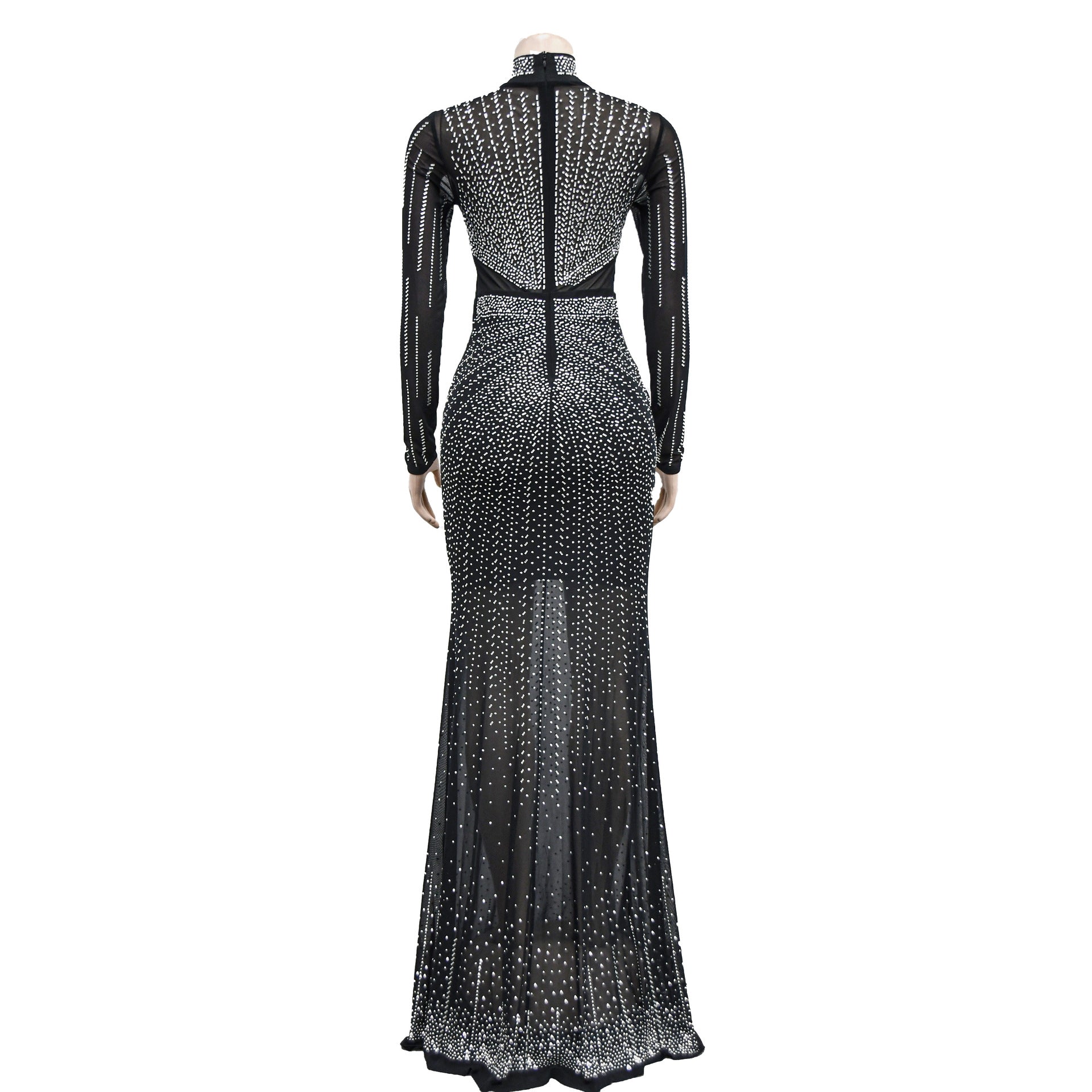 Women's Fashion Solid Color Mesh Beaded Long Sleeve Maxi Dress 19
