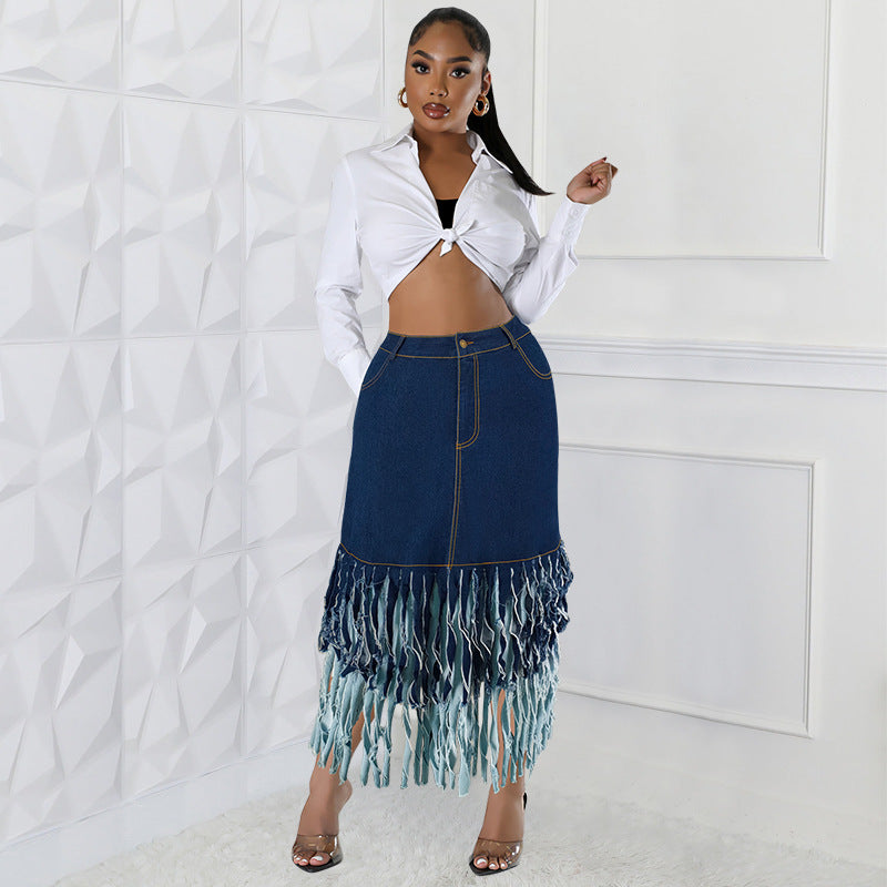 Plus Size Women Patchwork Tassel Skirt