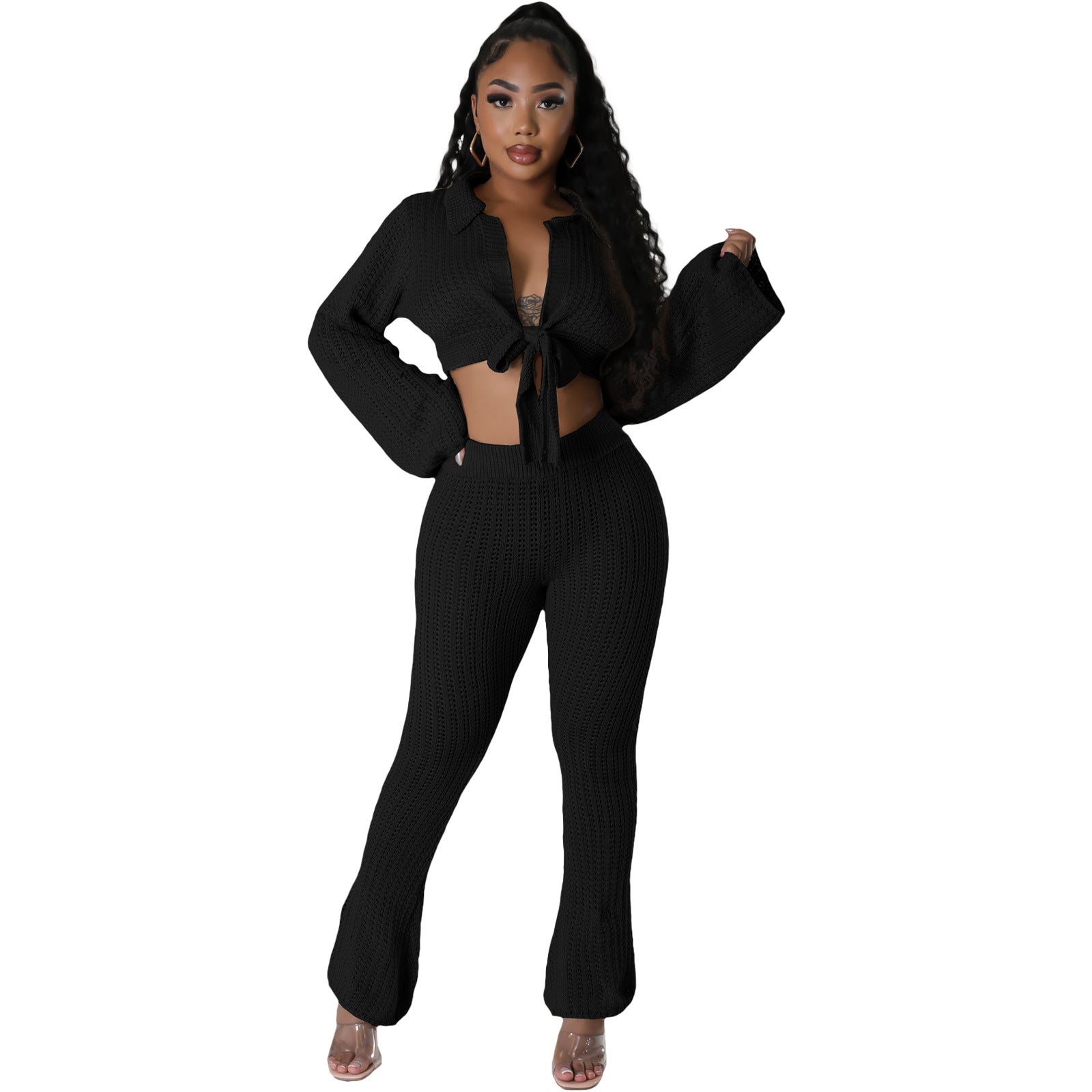 Women's Sexy Solid Color Mesh Knitting Lace-Up Two-Piece Pants Set 7