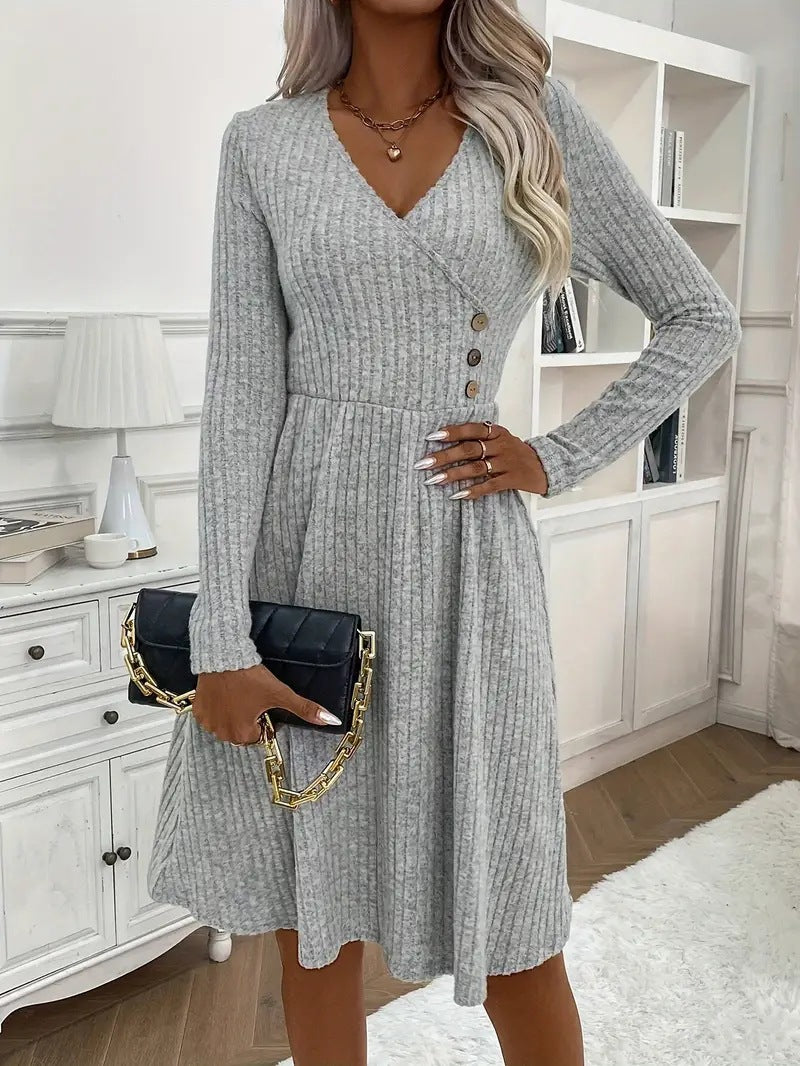 Autumn & Winter Fashion Chic Solid Color V-Neck Knit Dress