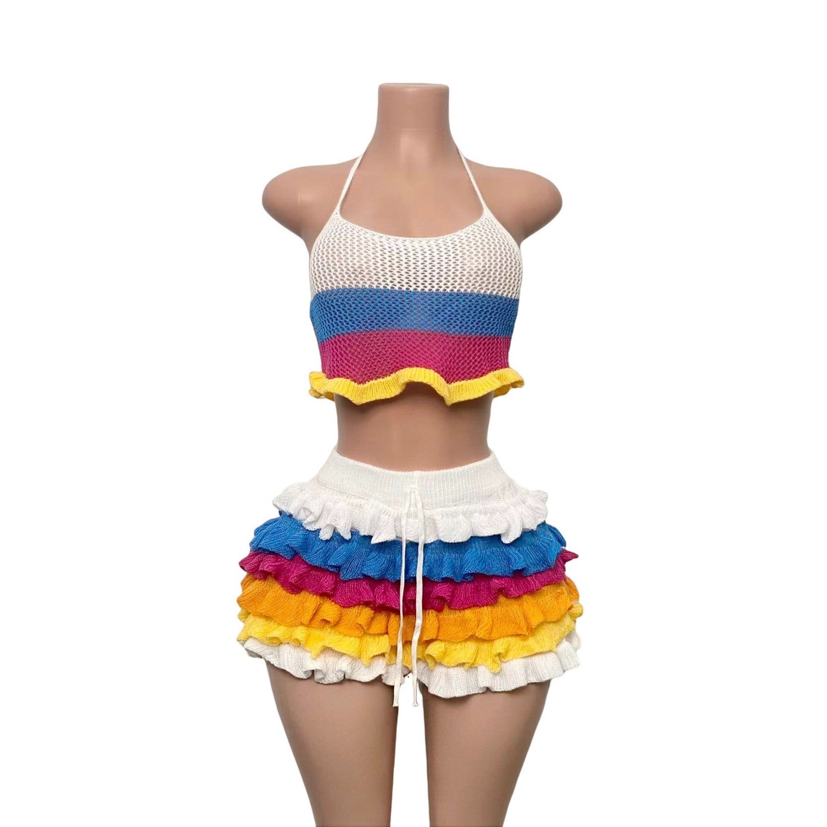Women Multi-Color Striped Knitting Halter Neck Top and Ruffle Shorts Two-Piece Set 7