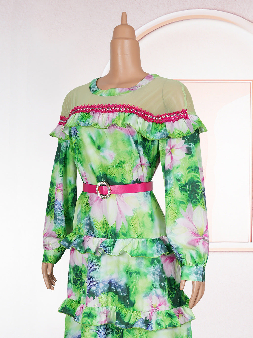 Plus-size African Women ruffled print beaded belt dress 11