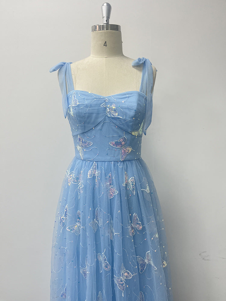 Tie Strap Evening Dress A-Line Mesh Butterfly Pattern Embroidered Elegant Birthday Long Party Dress 11
