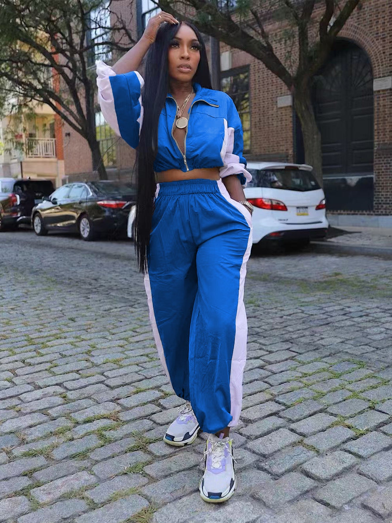 Women Casual Long Sleeve Zipper Top Drawstring Straight Pants Two-piece Set 3