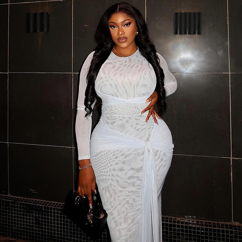 Women's Chic Slim Waist Transparent Pleated Lace-Up Round Neck Solid Color Long Dress