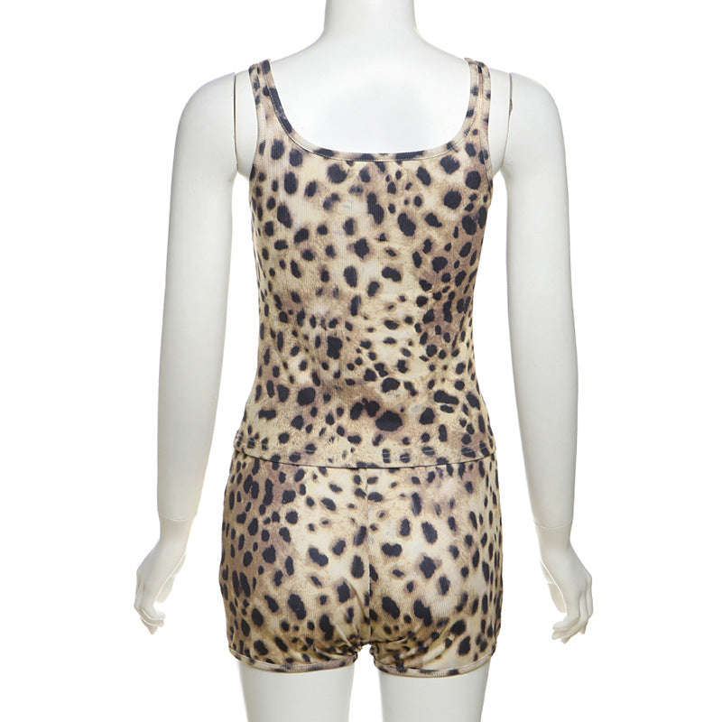 Women's Spring Leopard Print Slim Fitted Camisole and Casual Shorts Set 15
