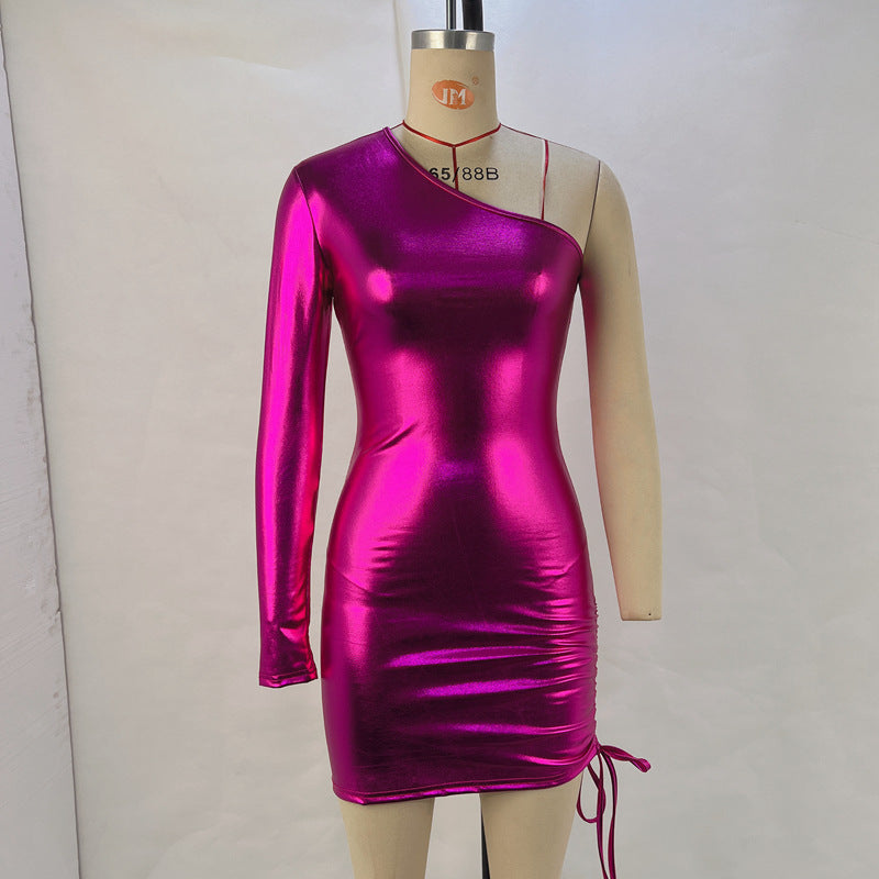 Women's Fashion Sexy Slash Neck Slim Waist Drawstring Bodycon Nightclub Dress 8