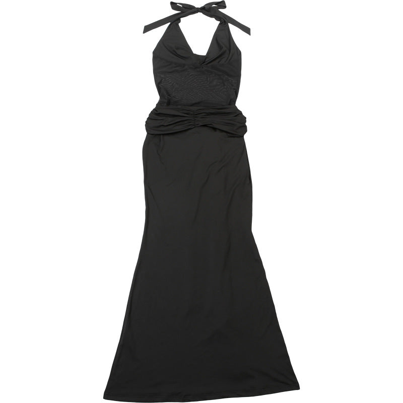 Autumn Women's Sexy Mesh Patchwork See-Through Slim Fit Halter Neck Lace-Up Dress 12