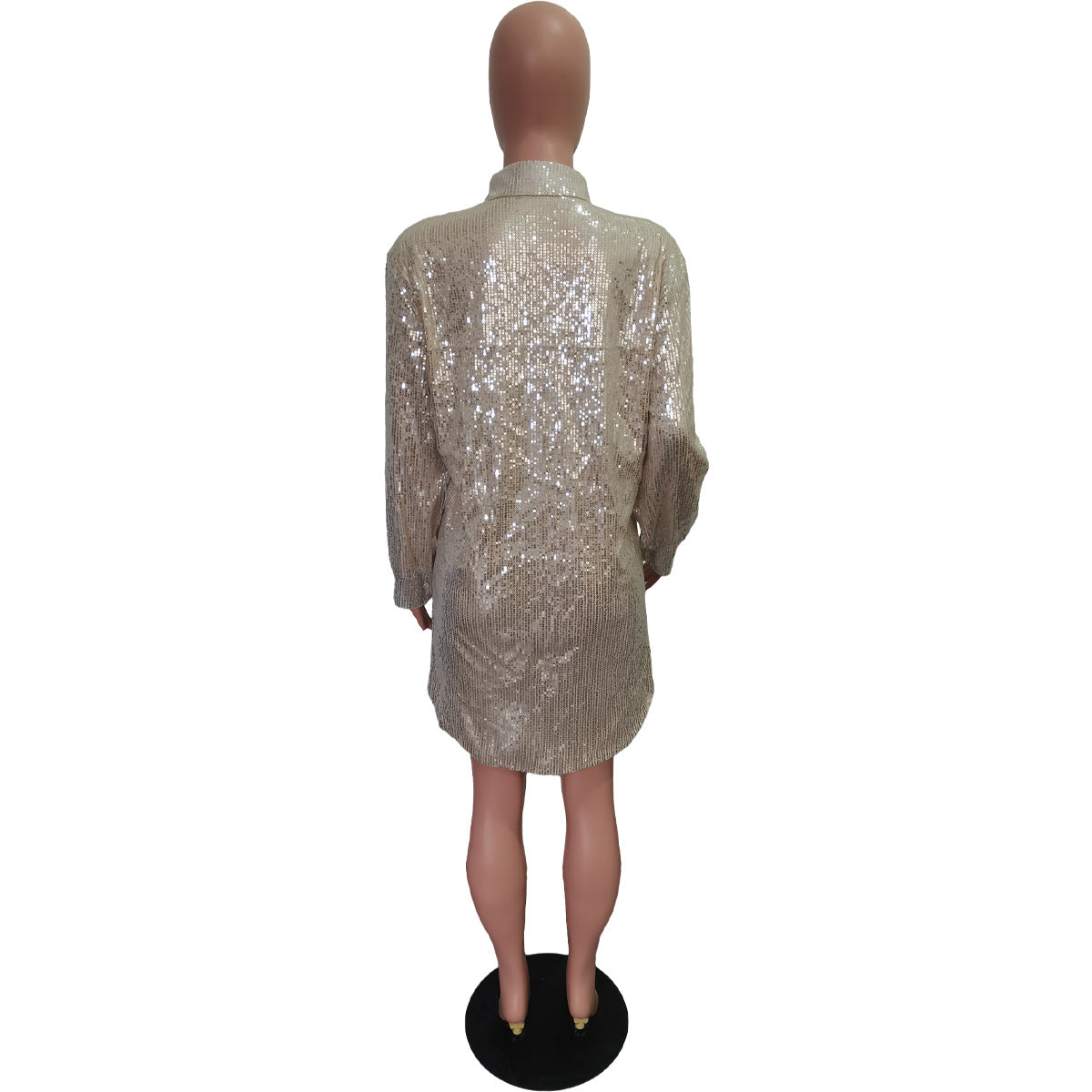 Women Solid Sequin Loose Shirt Dress 22