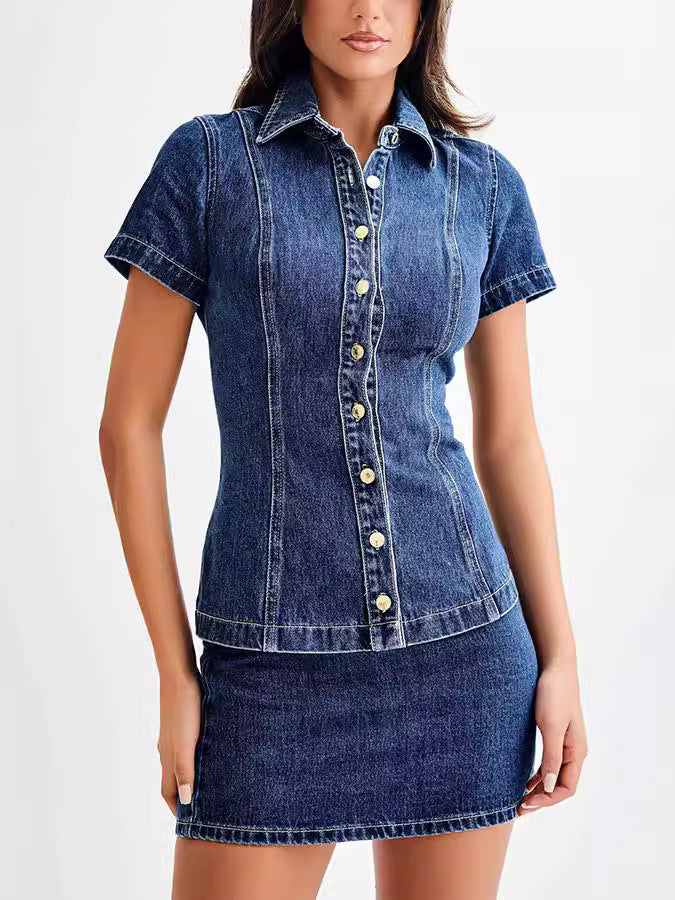 Women's Denim Short-sleeved button tight slim top high waist skirt two piece set 8