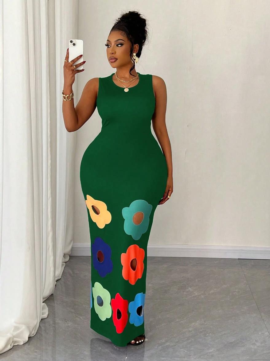 Summer Fashion Round Neck Sleeveless Positioning Print Cut-Out A-Line Dress 4