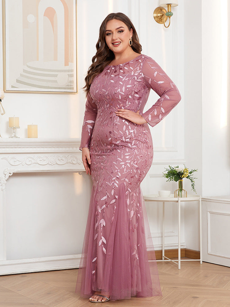 Plus Size Women Long Sleeve Round Neck Zipper Fishtail Embroidery Evening Dress 6