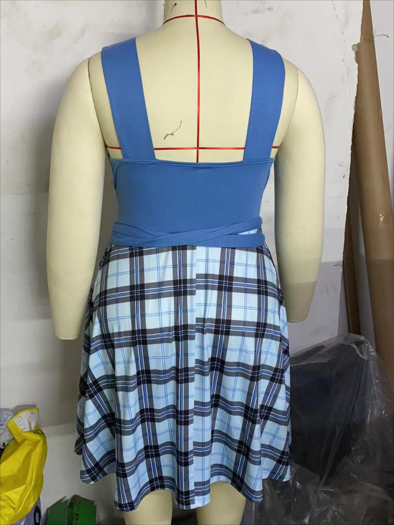 Plus Size Women Deep V Plaid Patchwork Loose Dress 5