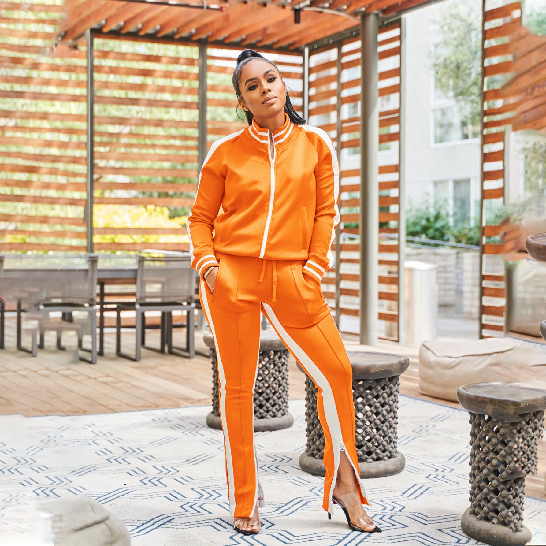 Women Off Shoulder Zipper Long Sleeve Top and Pant Sport Two-Piece Set 5