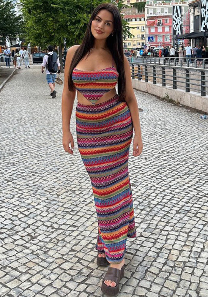 Women Summer Sleeveless Halter Neck Lace-up Strapless Top Bodycon SkirtTwo Piece Set