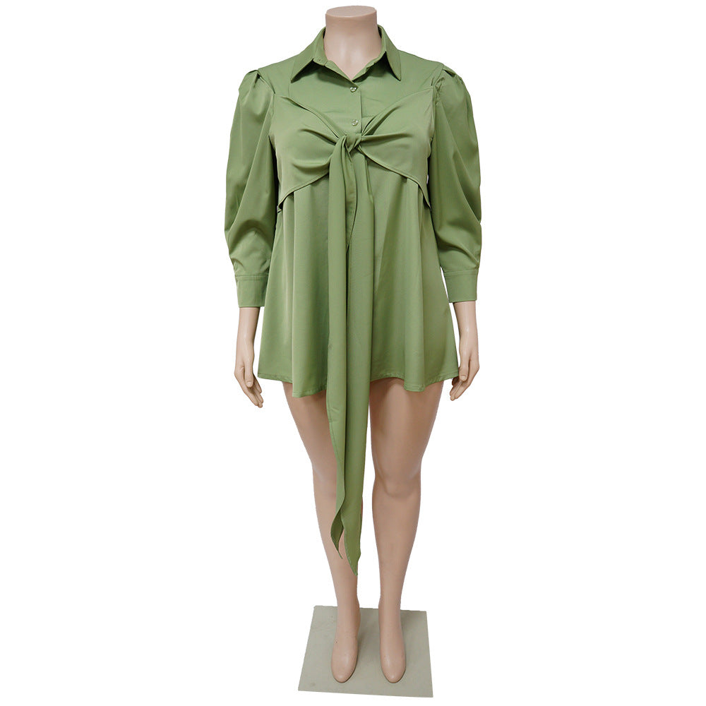 Plus Size Women Sexy Solid Tie Long Sleeve Shirt Dress 17