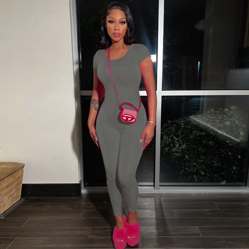 Women backless Solid short-sleeved Jumpsuit 5