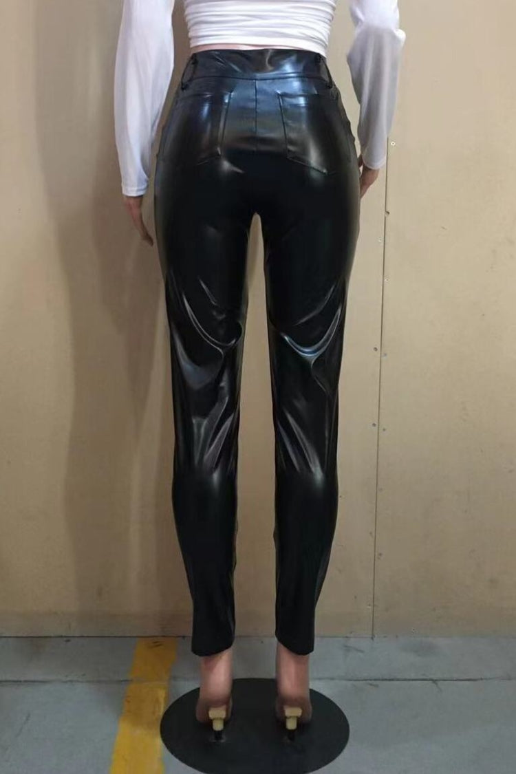 Winter Black High Waist Tight Sexy Leather Pants 3