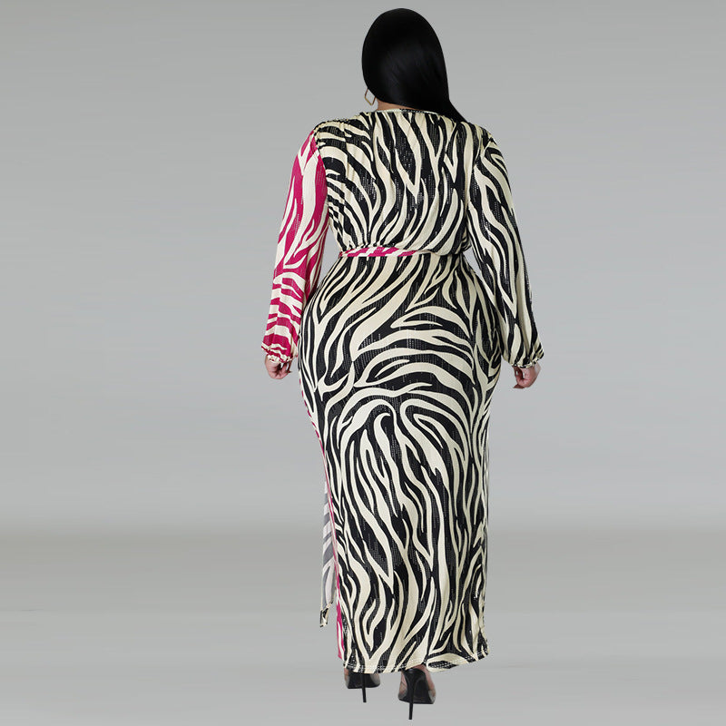 Plus Size Women Printed Two-Color Patchwork Lace-Up Irregular Sexy Dress 5