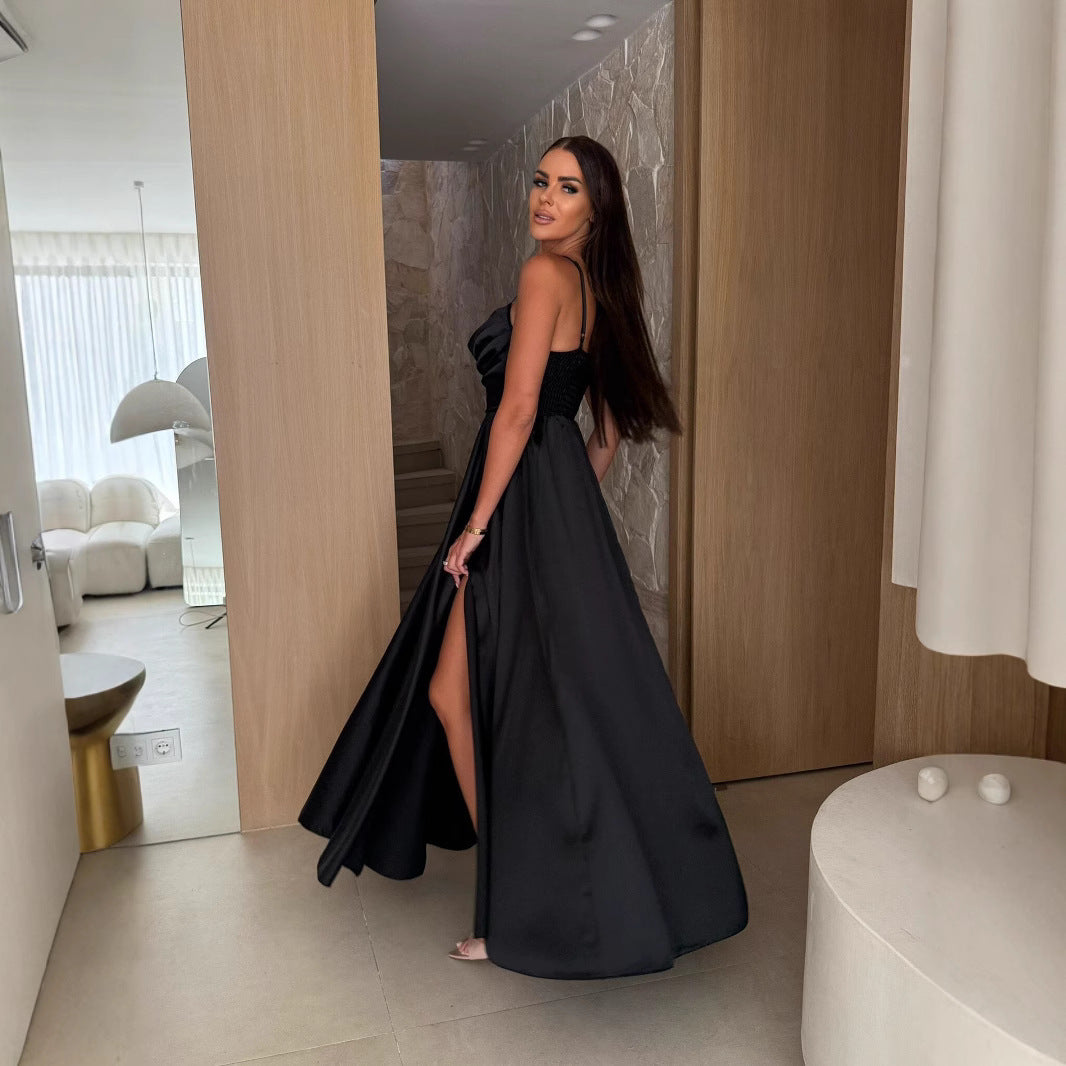 Women's Summer Sexy Low-Back Solid Color Strap Slit Dress 8