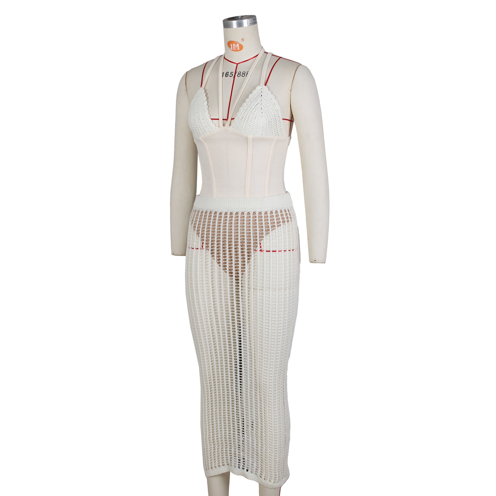 Summer Women's Fashion Sexy Straps Backless One-Piece Bodysuit Top Hollow Knitting Skirt Two Piece Set 21