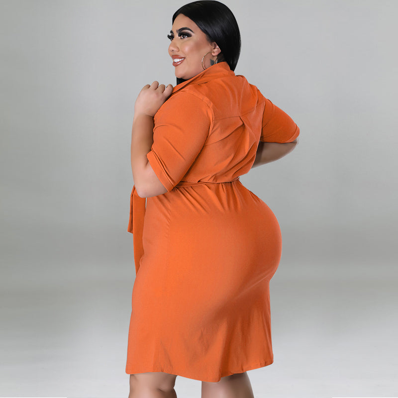 Plus Size Women Fall Solid Short Sleeve Shirt Dress 18