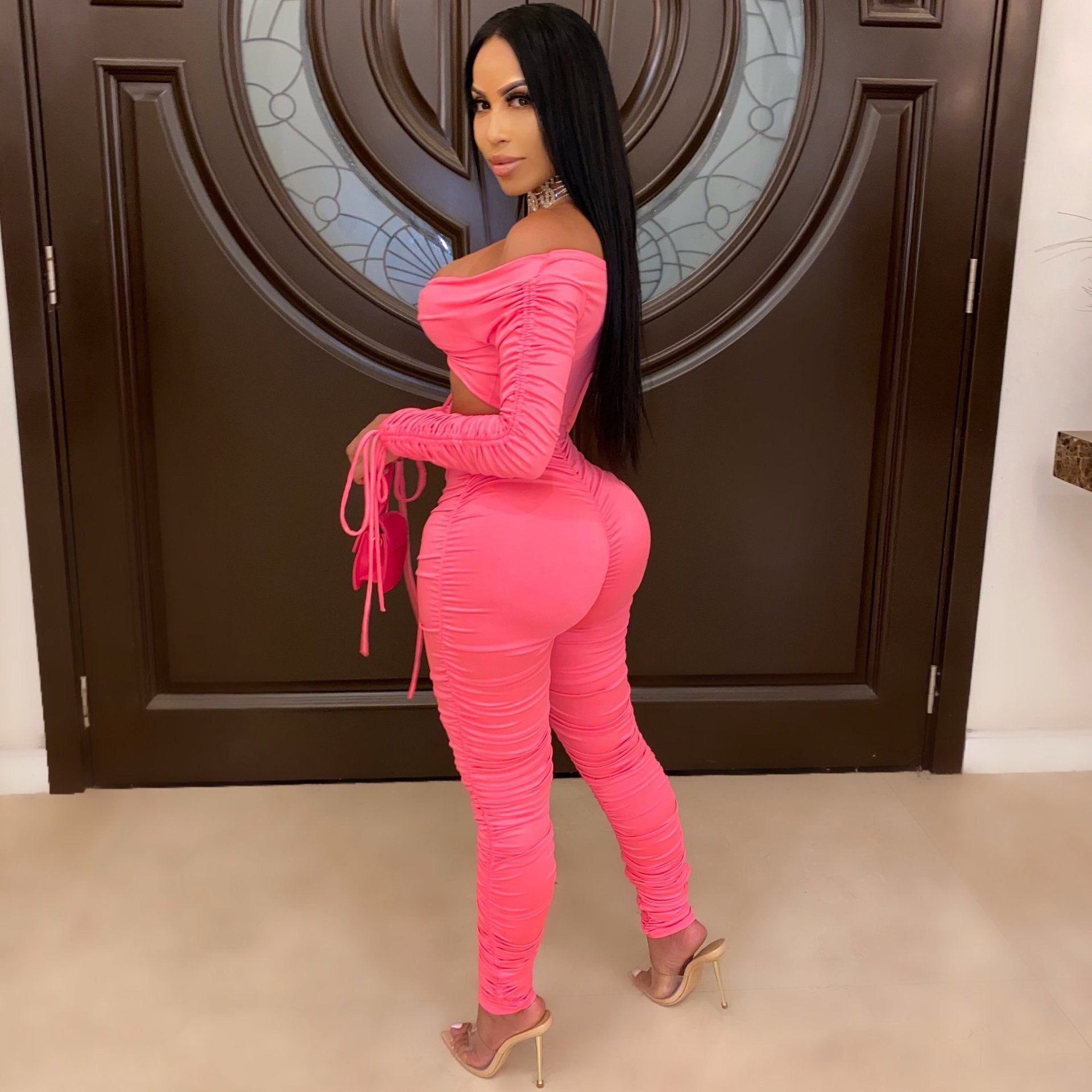 Sexy Women's Fashion Ruched Off Shoulder Solid Sexy Casual Two Piece Pants Set 14