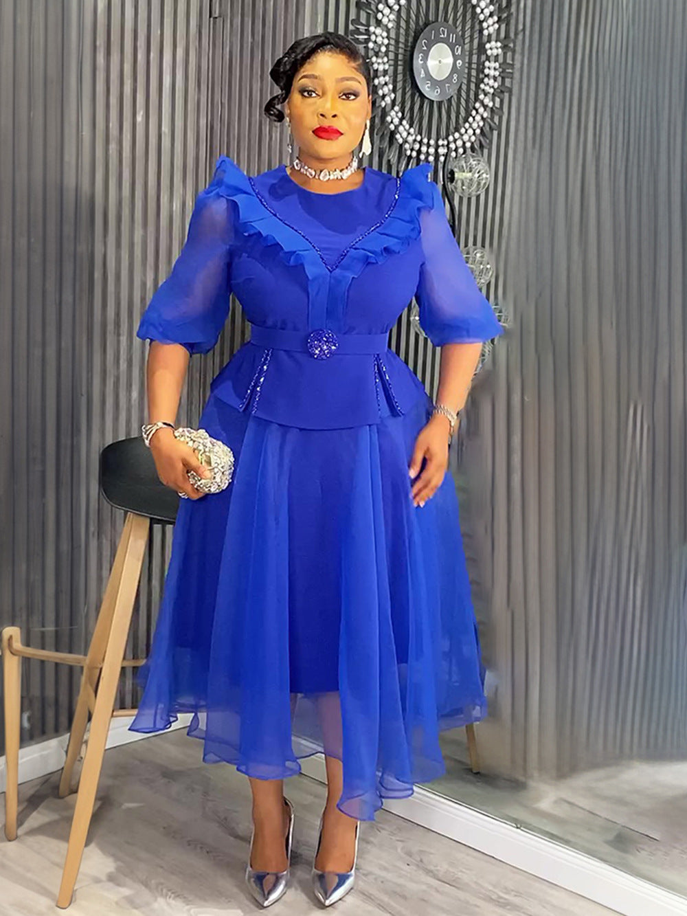 Plus-Size African Women Career Elegant Dress with Belt 7