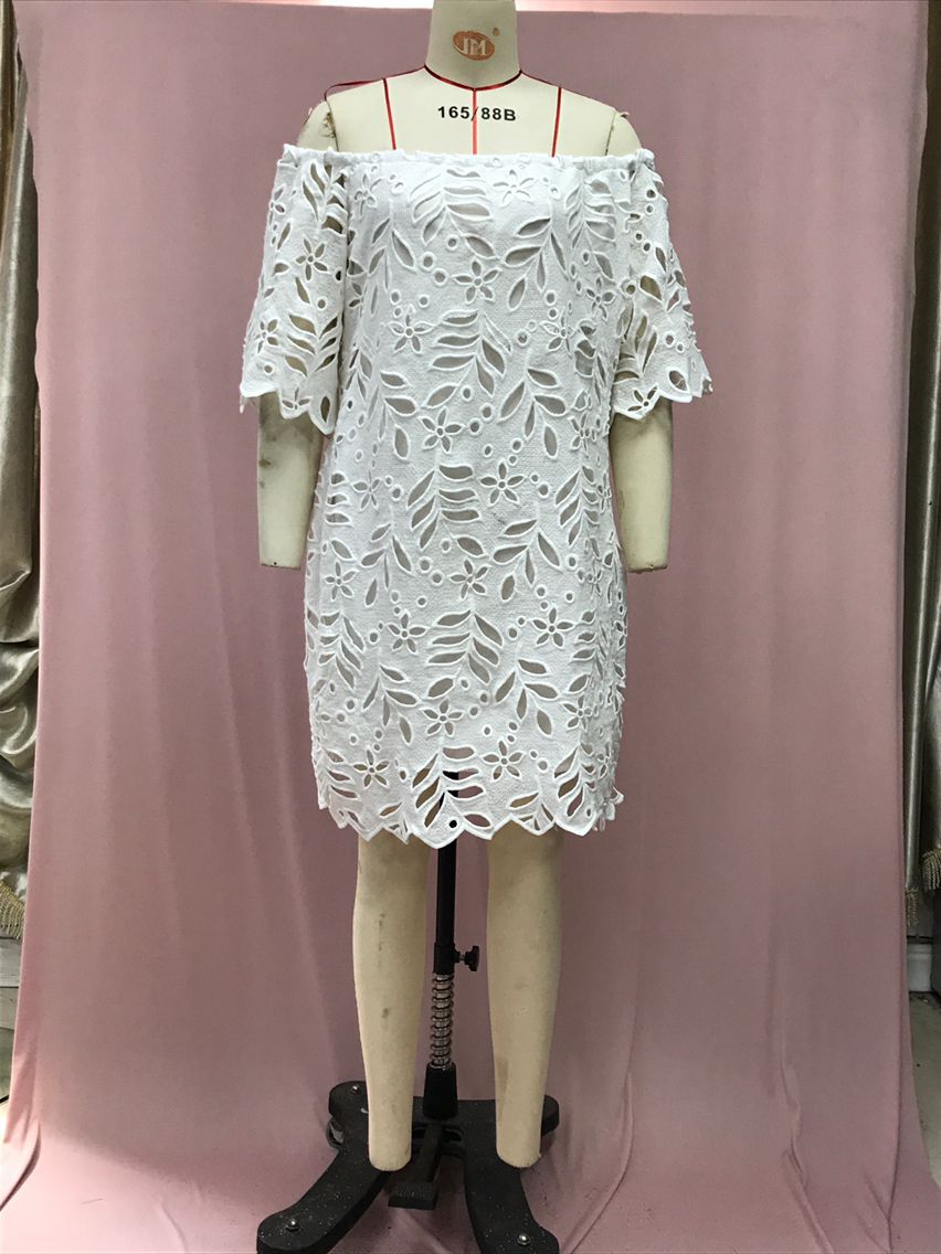 Spring Summer Solid Color Lace Half-Sleeve Off Shoulder Fashion Casual Dress 16