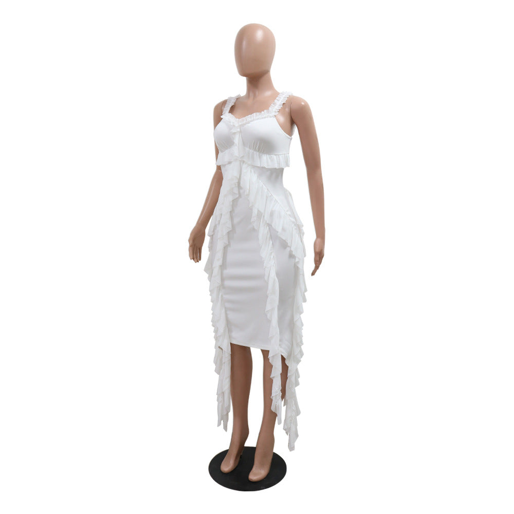 Sexy Strap Ruffled Solid Color Women's Fashion Slim Long Dress 6