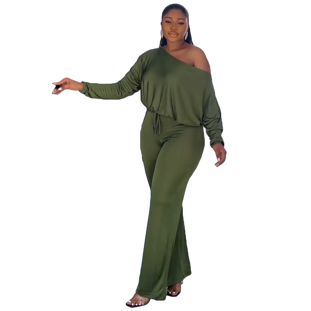 Women's Fashion Casual Solid Bat Sleeves Drawstring Jumpsuit 7