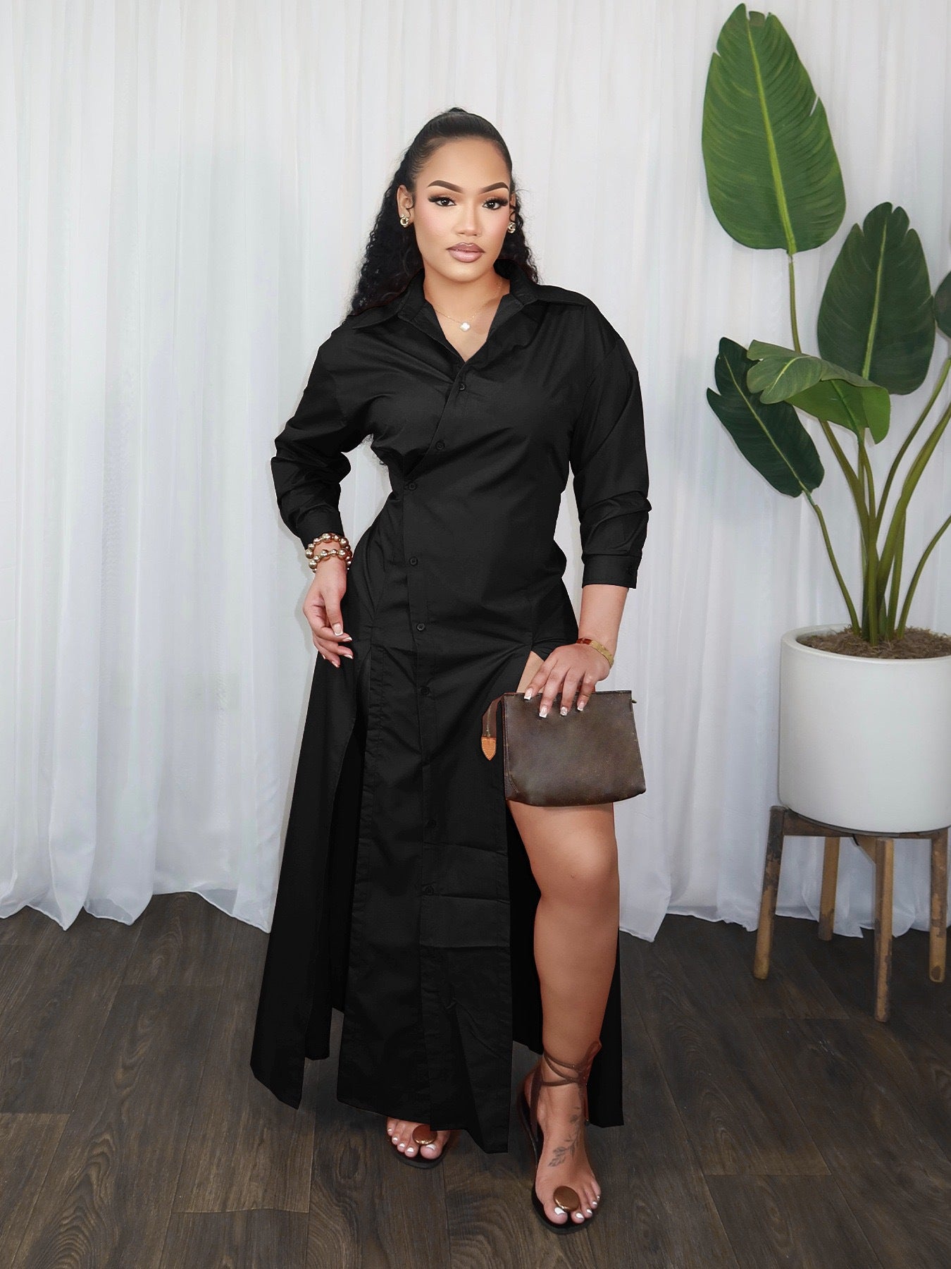 Women Fall/Winter V-Neck Slit Shirt Dress 4