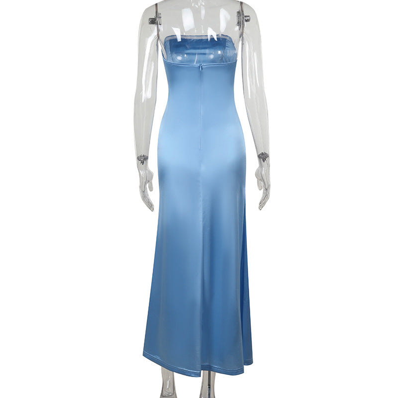 Autumn And Winter Sexy Slim Strapless Satin Slim Waist Slit Dress 5