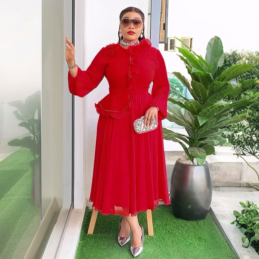 Plus Size African Women elegant pleated Ruffle Edge dress 3