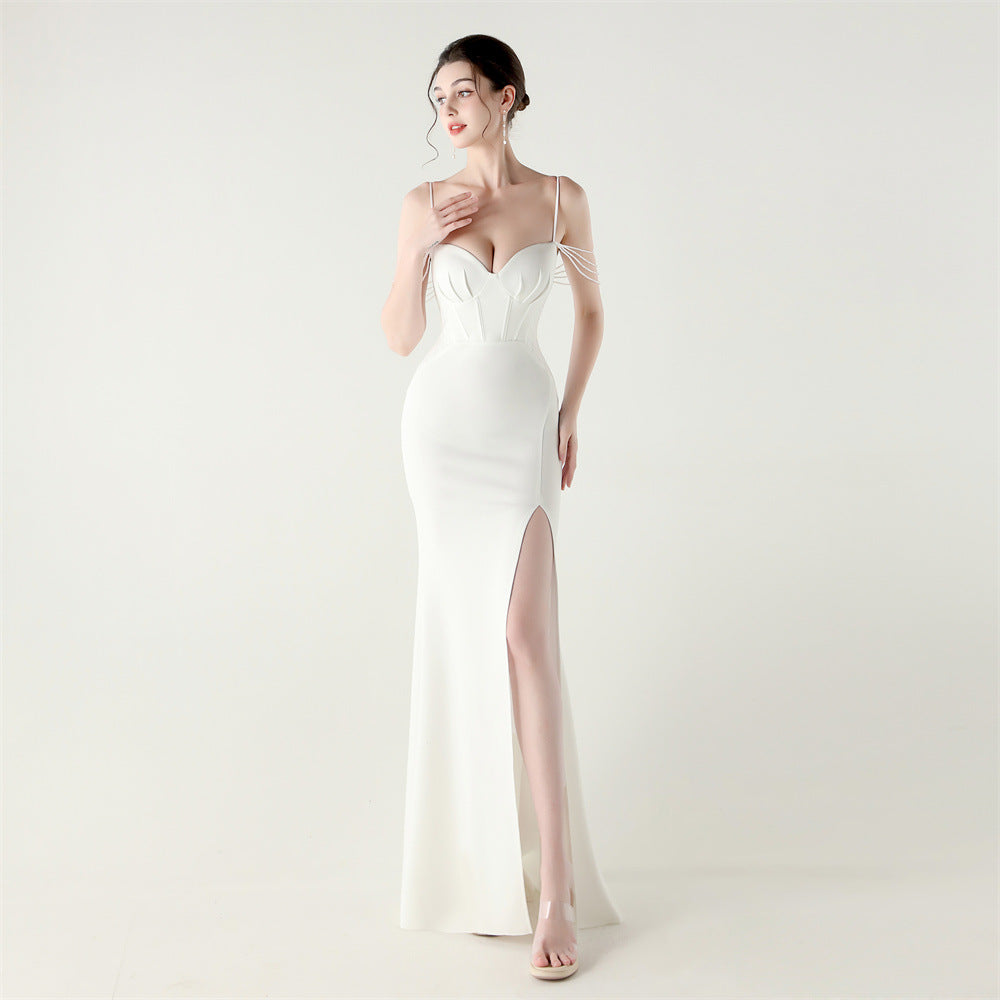 Women Fishbone Lace Sequin Wedding Fishtail Evening Dress 3