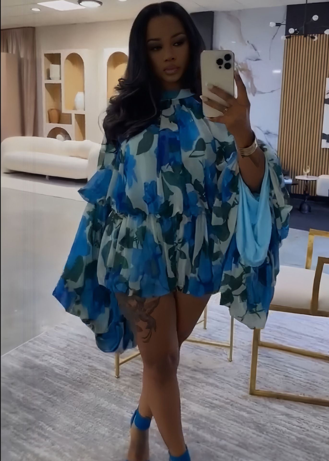 Women's Summer Casual Printed Round Neck Lantern Sleeve Two-Piece Shorts Set 7