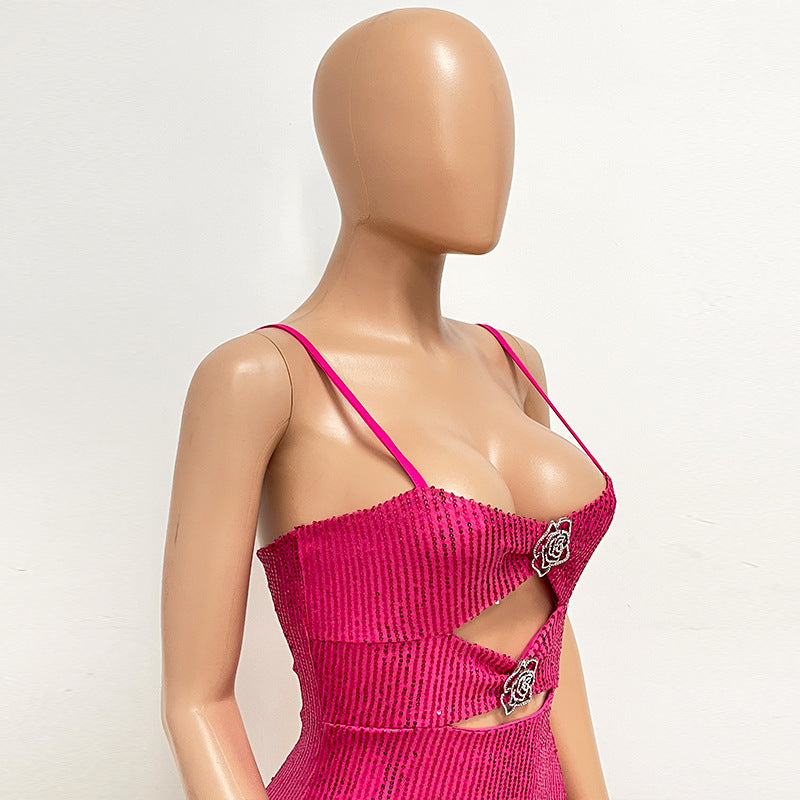 Women's Hollow Sequin Strap Low Back Slim Party Dress 27