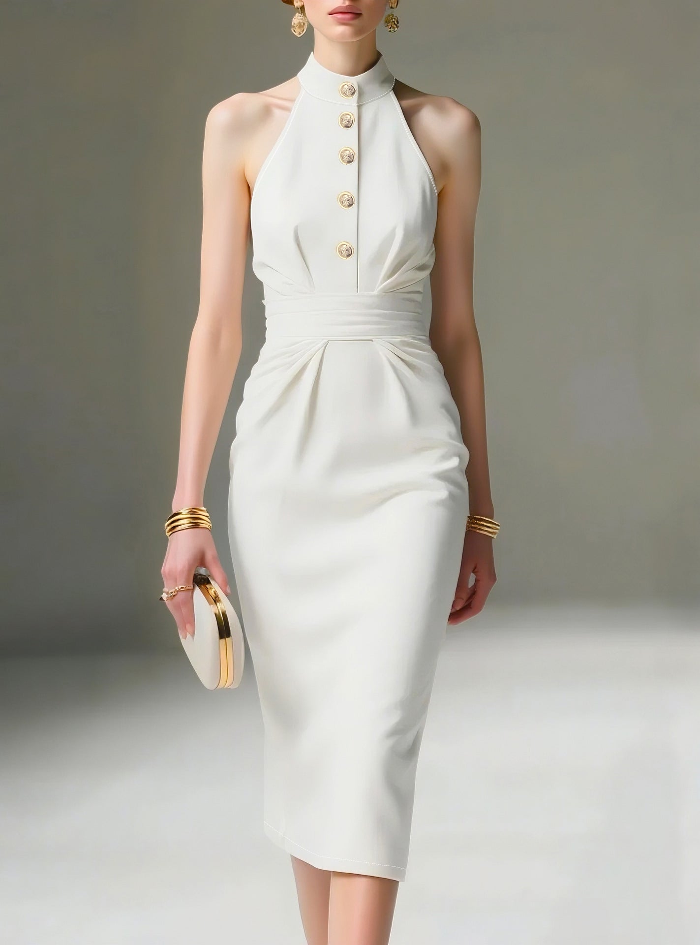 Women Summer Solid Halter Neck Sleeveless Off-Shoulder Pleated Dress