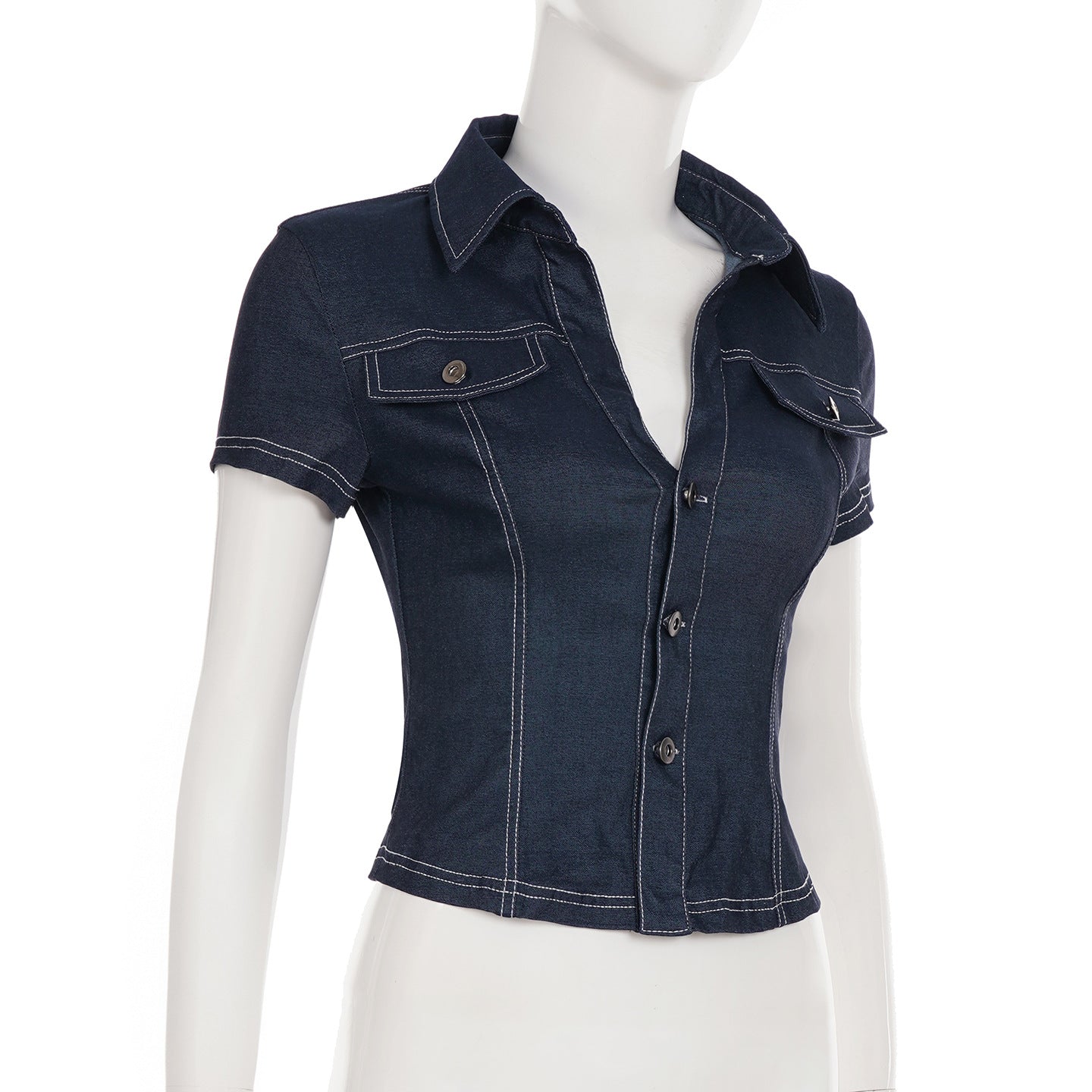 Women's Street Style Chic Turn-Down Collar Slim Waist Short Sleeve Denim Shirt 7