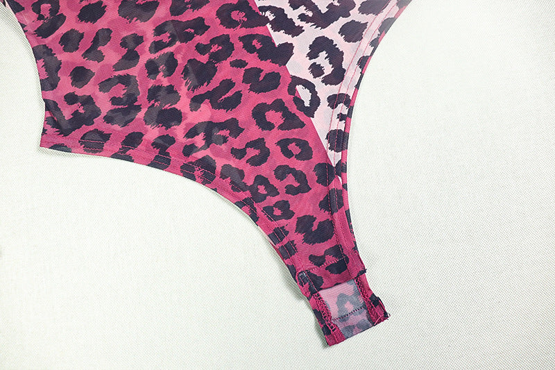 Sexy Slightly Transparent Leopard Print Round Neck Tight-Fitting Trendy Pants Set Elastic Two-Piece Set 6