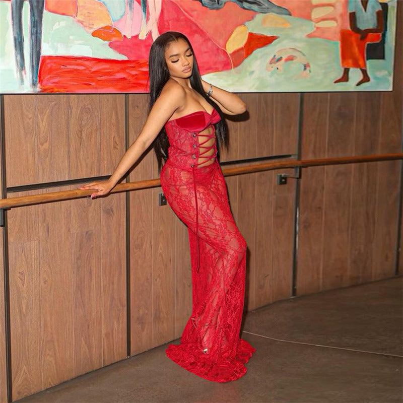 Women Sexy Strapless Lace-Up Lace See-Through Patchwork Bodycon Dress