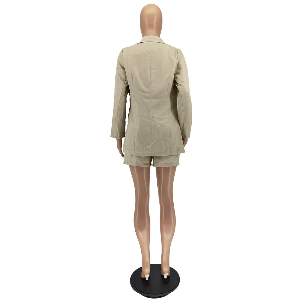 Women Solid Blazer and Shorts Two-Piece Set with Belt 29