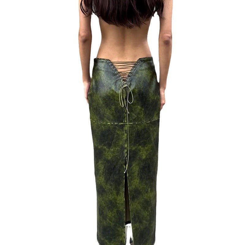 Fashionable And Sexy Back Lace-Up Hollow Slit Slim Fit Pu Leather Skirt 6