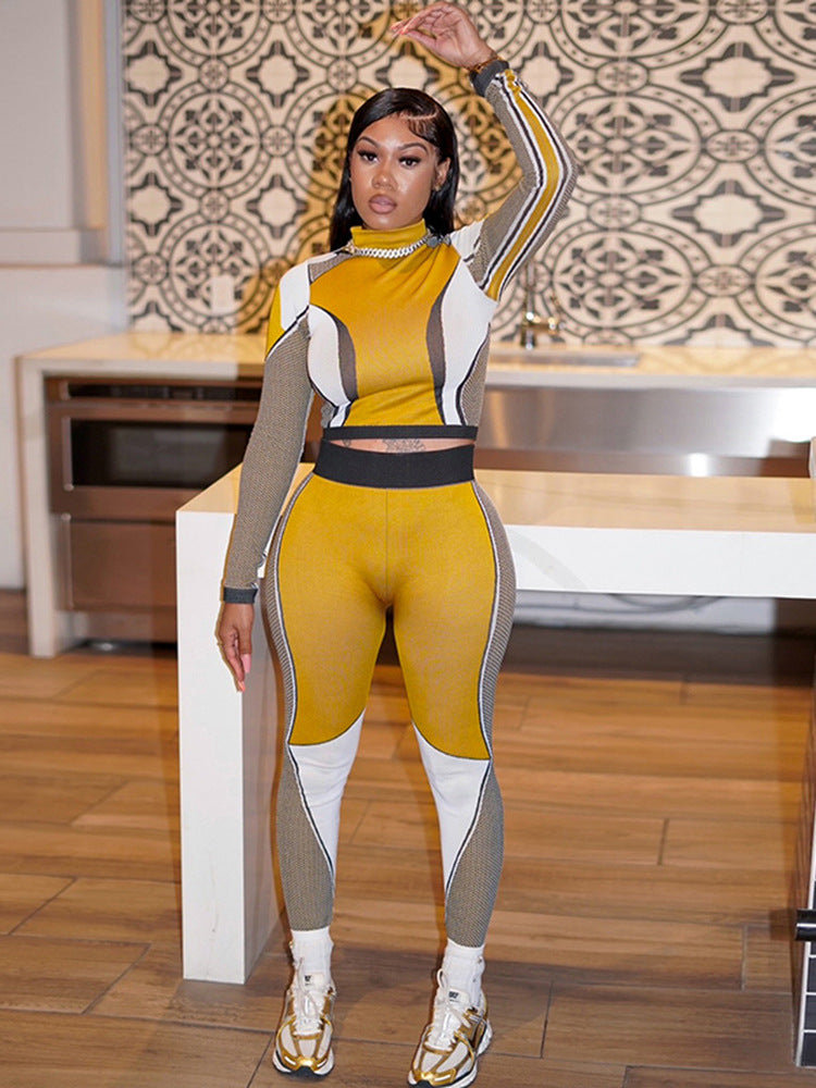 Women's Autumn Fashion Sports Casual Slim Color Contrast Two Piece Pants Set 3