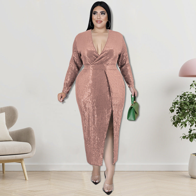 Plus Size Autumn Women's Velvet Bottom Embroidered Sequin Dress 5