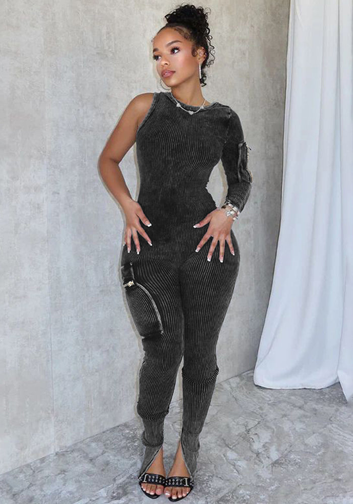 Women Casual Ribbed Pocket Single Sleeve Jumpsuit