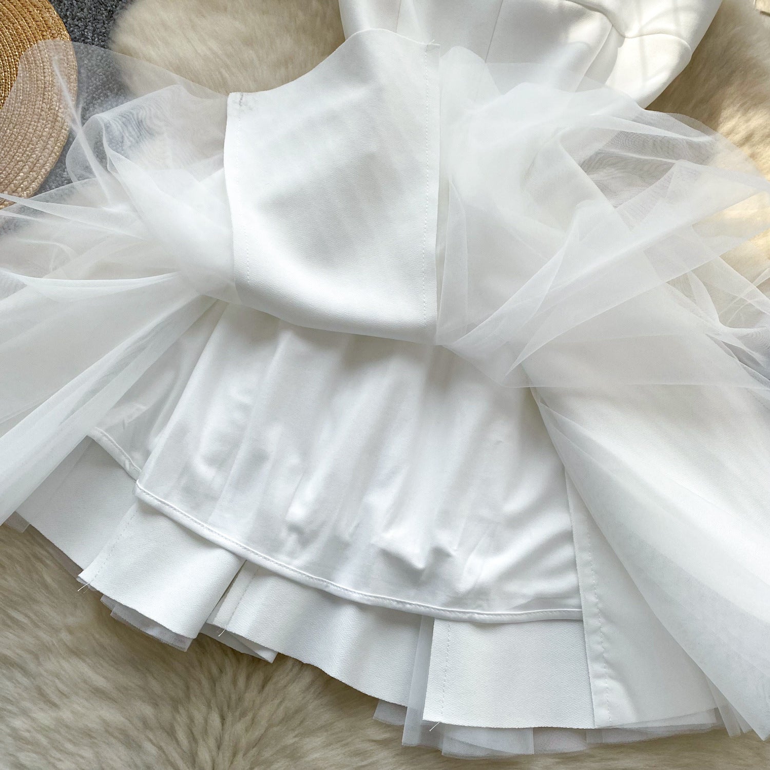 Women's Summer Square Neck Strap Mesh Patchwork Puffy Long Dress 27