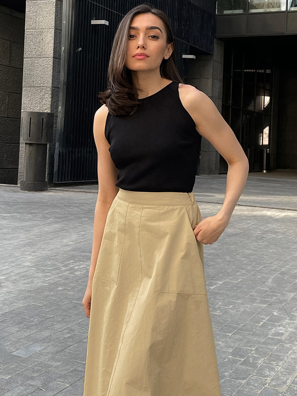 Khaki High Waist Career Long Skirt Autumn Fashion Women's Clothing 4