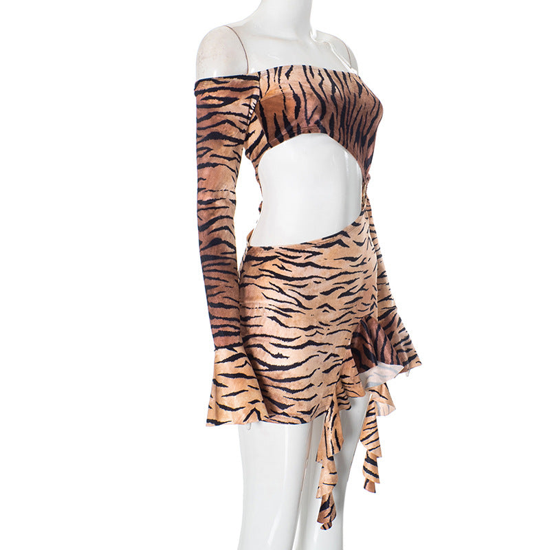 Off Shoulder Hollow Metal Ring Leopard Print Long Sleeve Dress 8